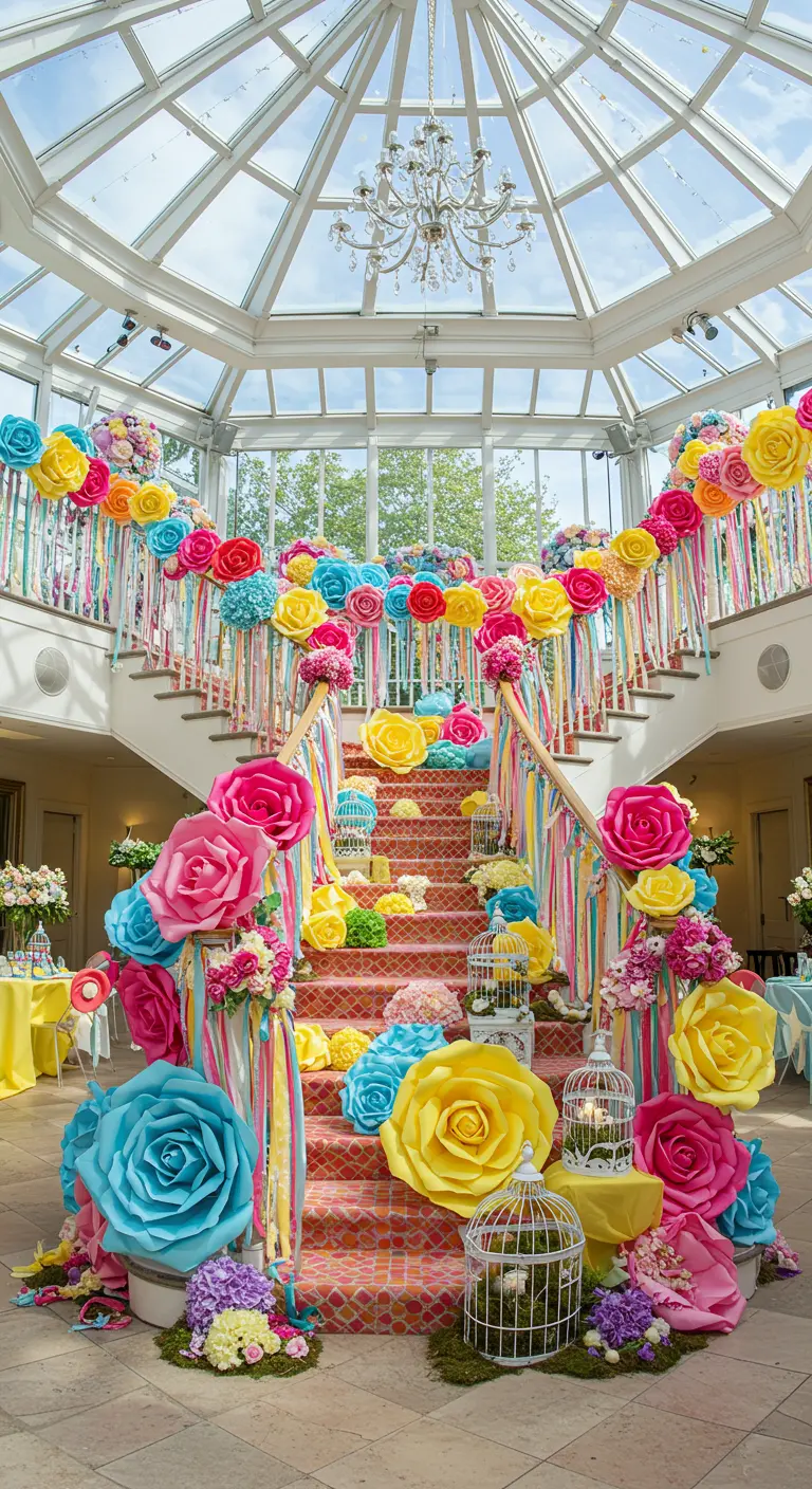 Trap versierd met enorme papieren bloemen in felle kleuren en vrolijke linten.