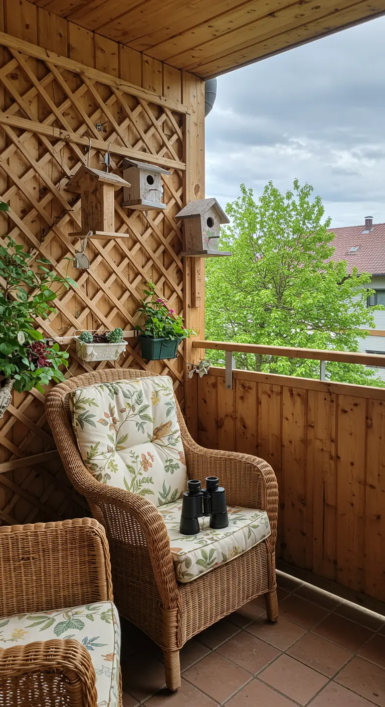 Houten trellis balkonmuur met vogelhuisjes, plantenbakjes en een rieten stoel.
