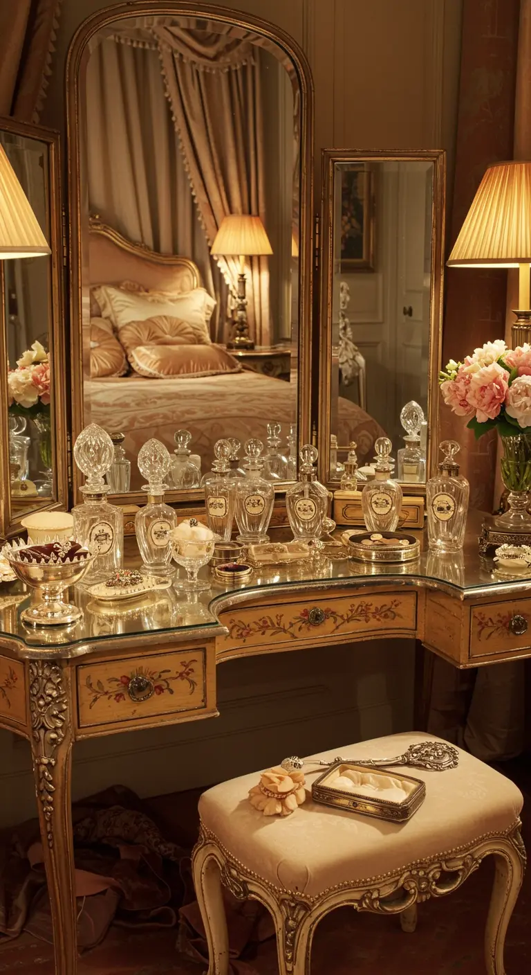 Close-up van een elegante kaptafel met vintage parfumflesjes, spiegels en warme verlichting.