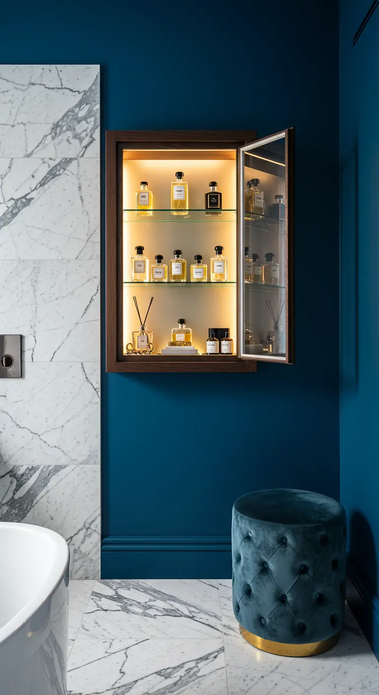 Verlicht wandkastje met glazen deur, gevuld met parfumflesjes, in een donkerblauwe badkamer.