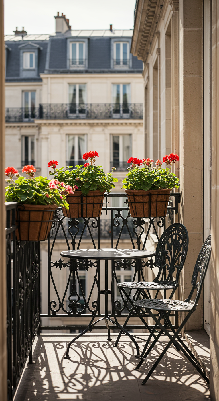 Klassiek Parijs balkon met smeedijzeren reling en bloembakken met rode geraniums.