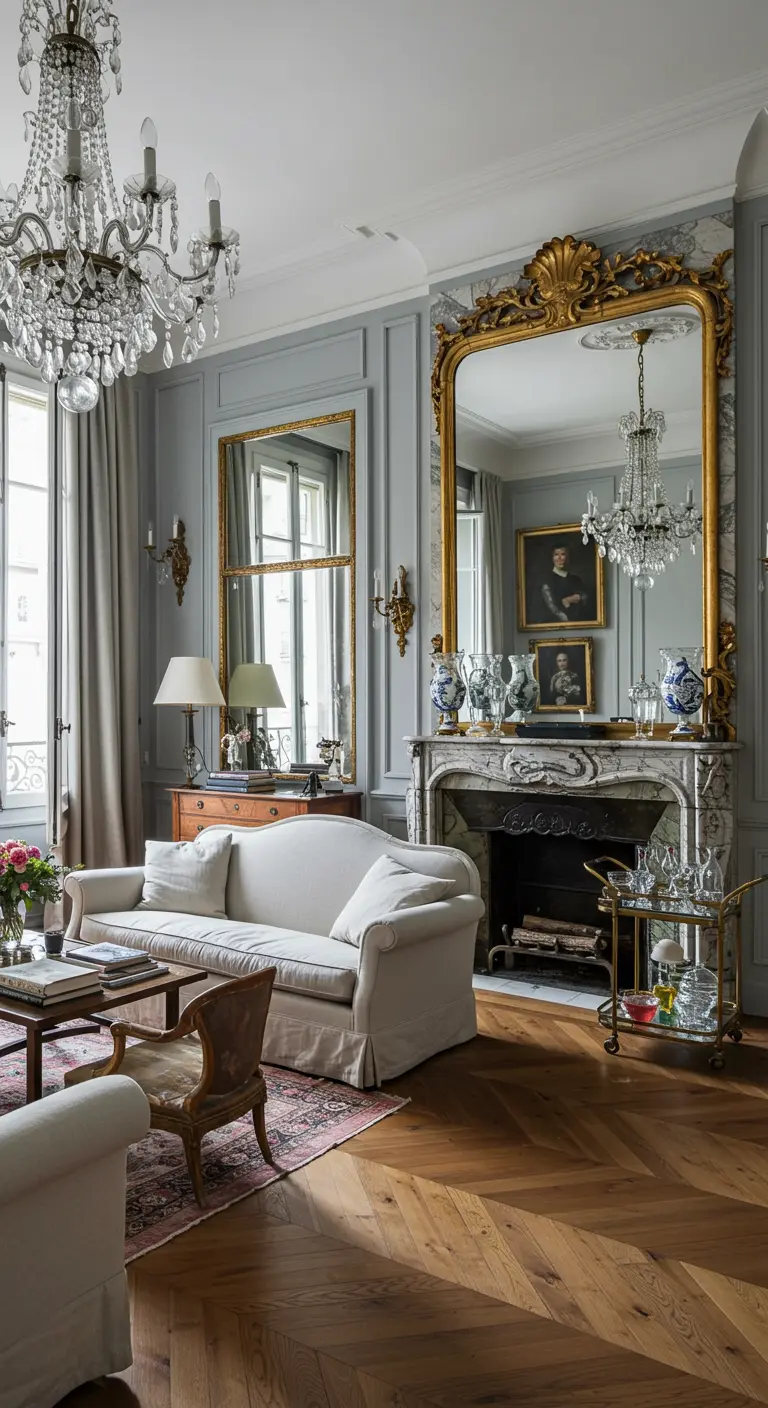 Parijse chic woonkamer met grote gouden spiegel, kristallen kroonluchter en visgraatparket.