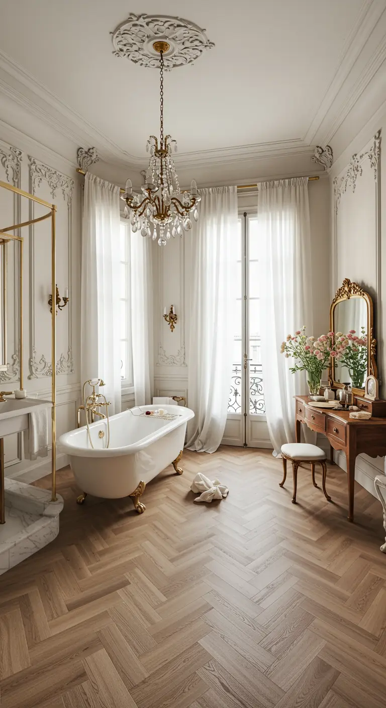 Elegante Parijse badkamer met visgraatvloer, kroonluchter, vrijstaand bad en hoge ramen met witte gordijnen.