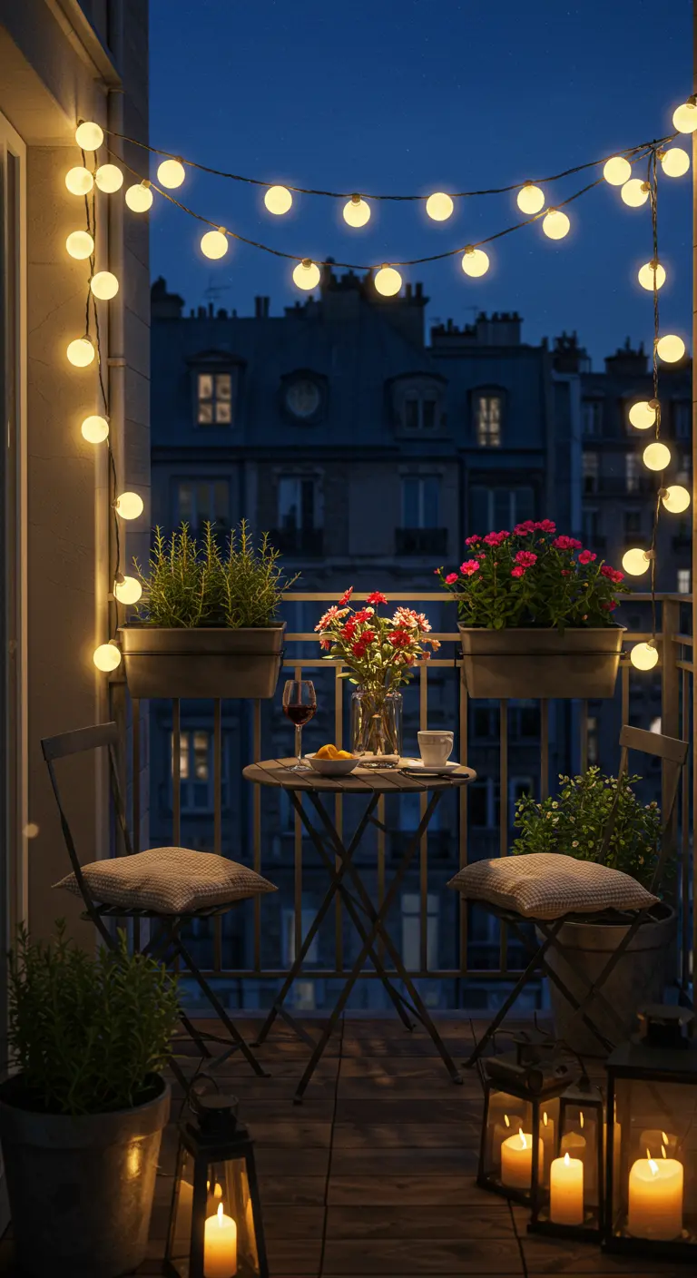 Knus klein balkon 's nachts met een bistro tafel, potplanten, lichtslingers en uitzicht op stad.