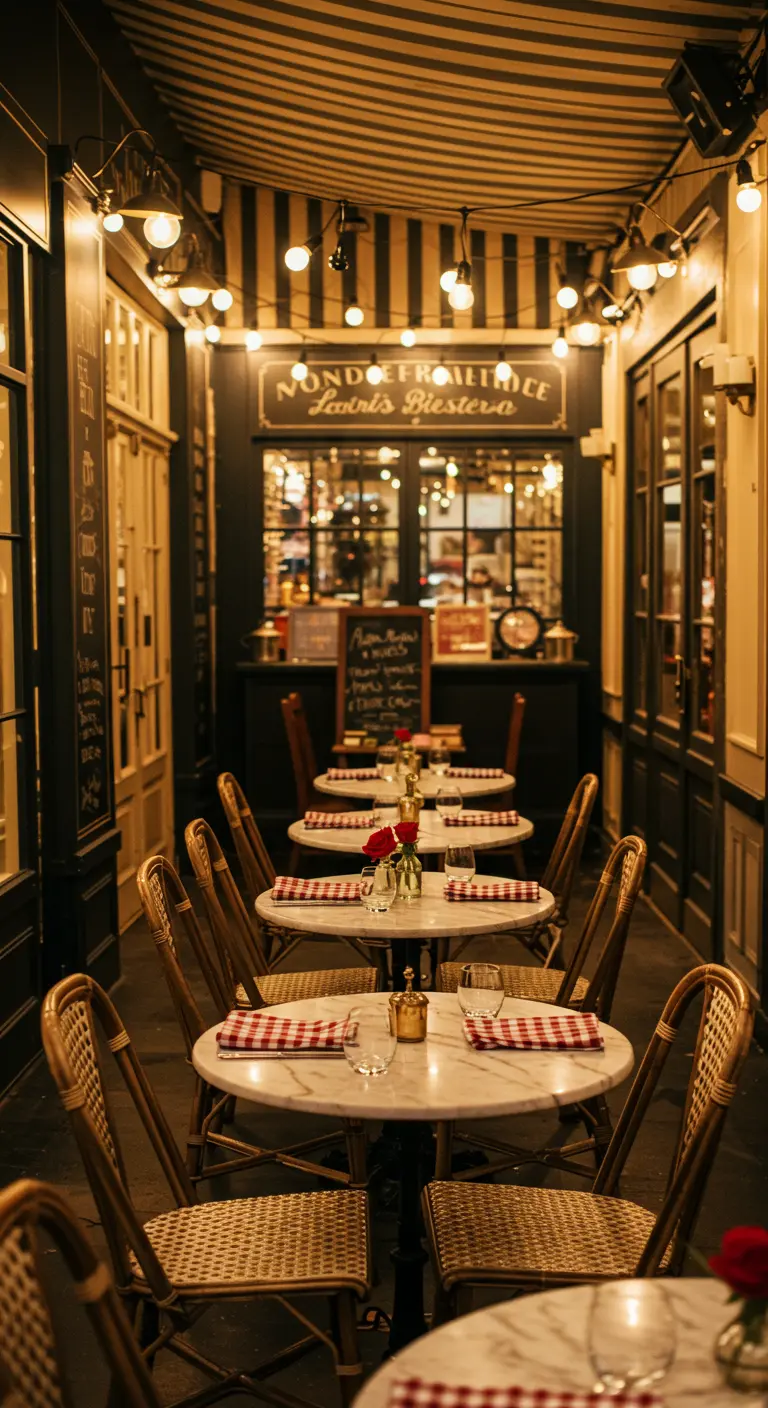 Smalle ruimte met ronde marmeren tafeltjes, rotan stoelen en geblokte servetten, bistro-stijl.