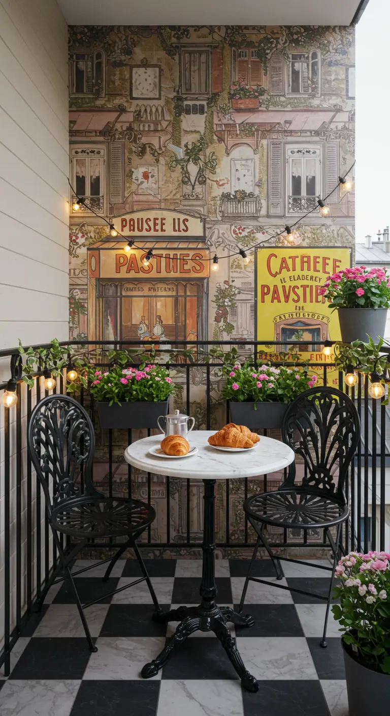 Balkon met buitenbehang van Parijse straat, bistroset, lichtslingers en bloembakken.