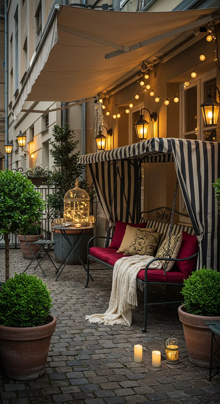 Zwart-wit gestreepte schommelbank met rode kussens en gouden details onder een luifel, verlicht met lichtslingers en lantaarns op een geplaveid terras.
