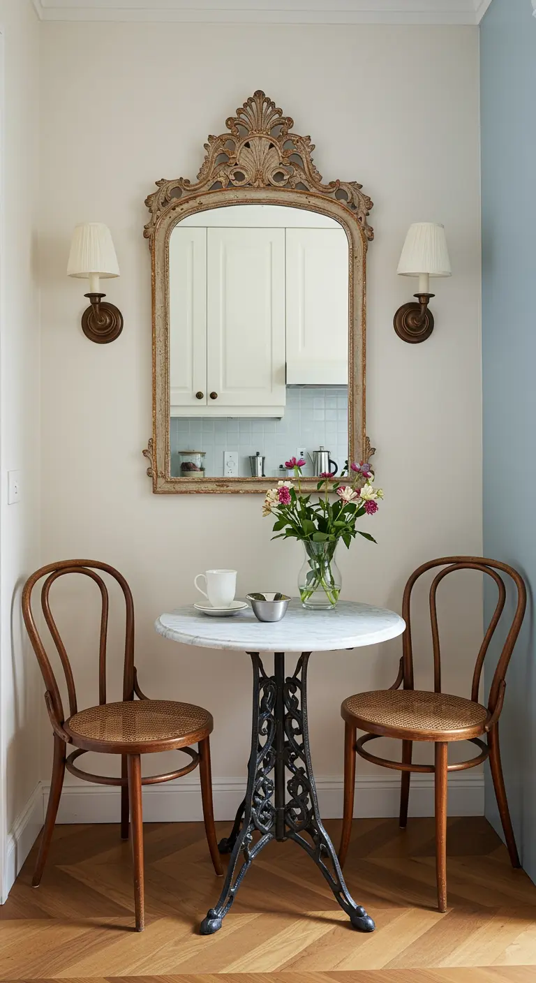Romantische bistro-eethoek met ronde marmeren tafel, gebogen houten stoelen, sierlijke spiegel.