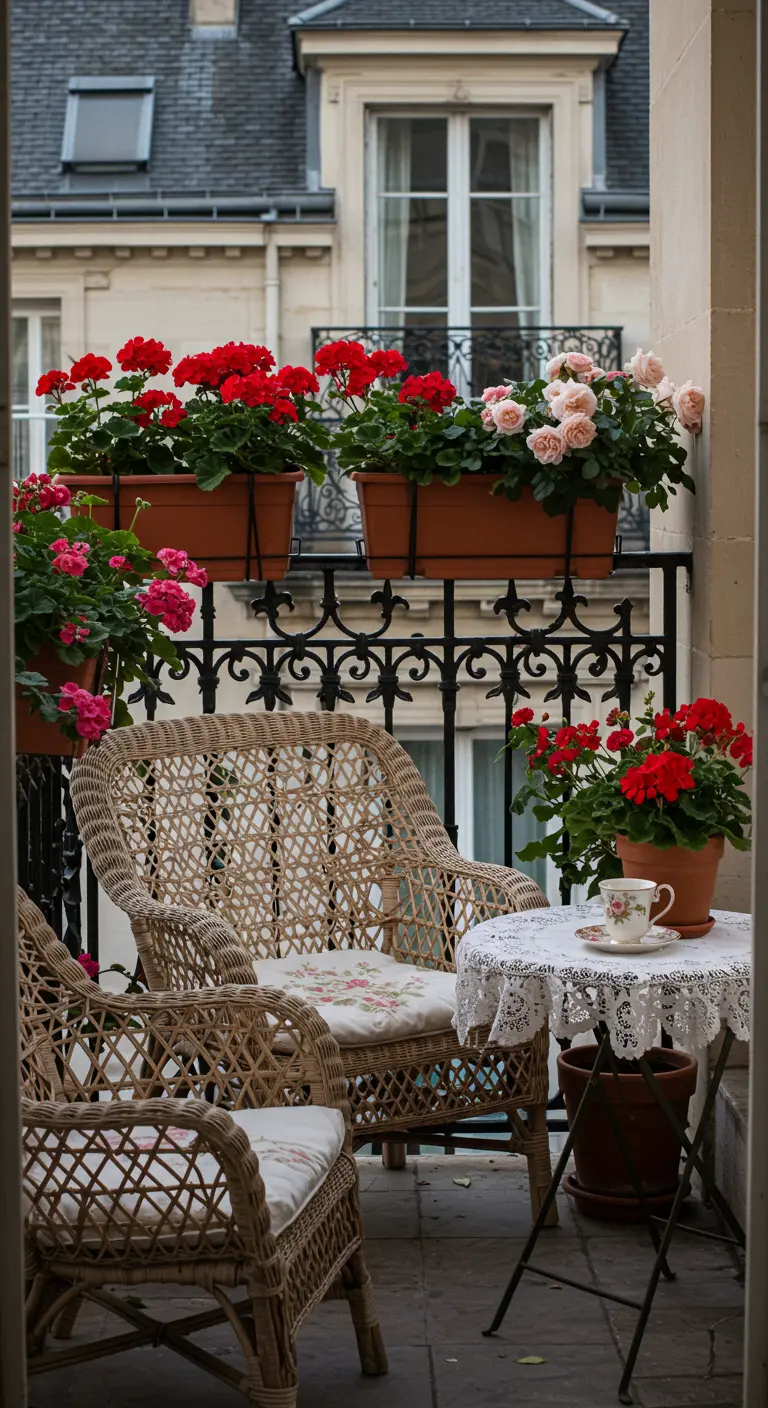 Lichte rieten stoelen en tafeltje met kant op balkon met rode geraniums en Parijse achtergrond.