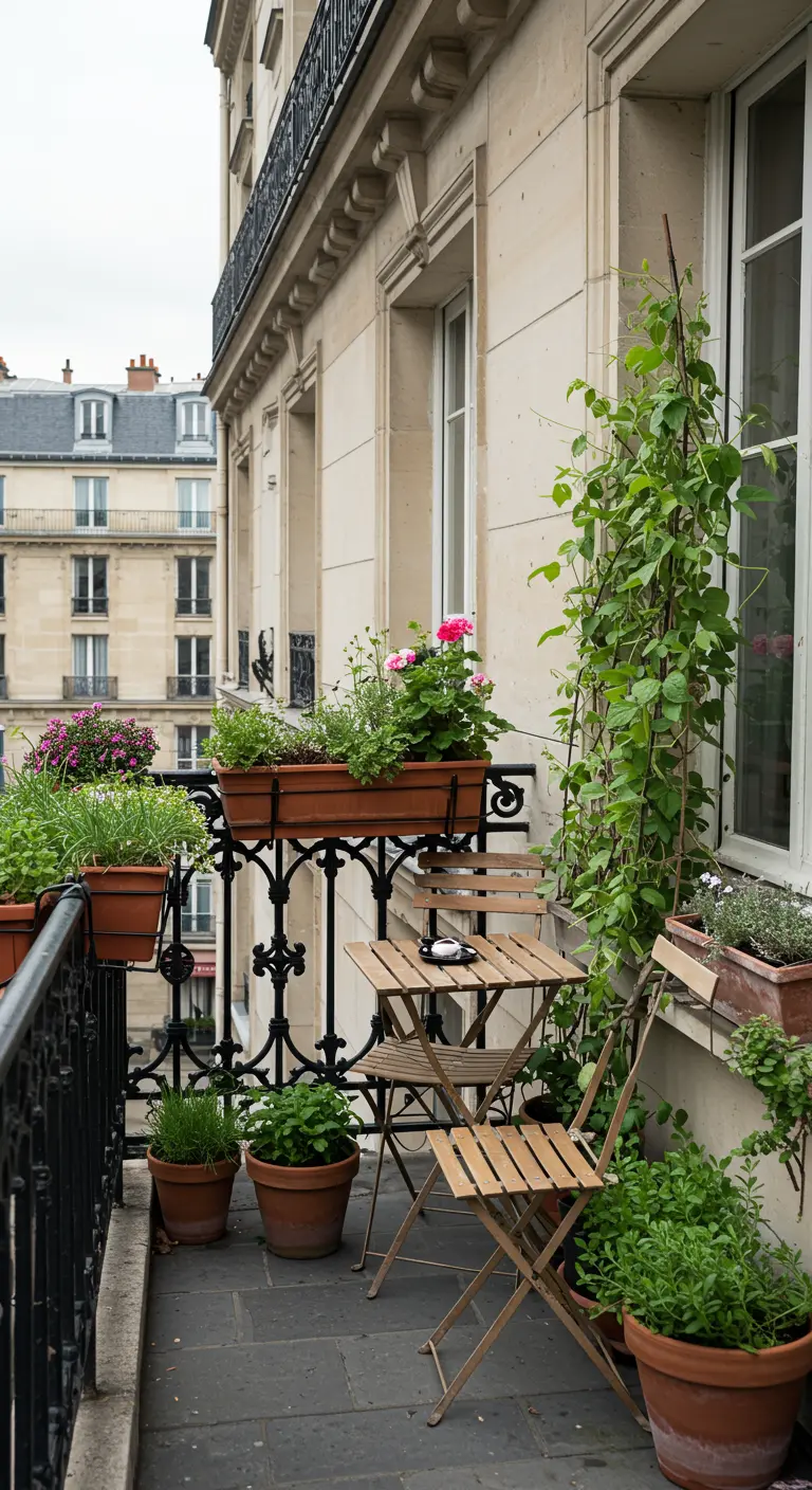 Klein Parijs balkon met bloembakken aan reling, klimplant, bistrosetje en terracotta potten.
