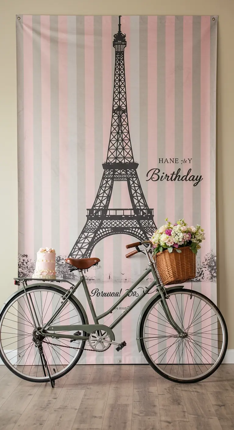 Backdrop met Eiffeltoren print en een vintage fiets met bloemen en taart ervoor.