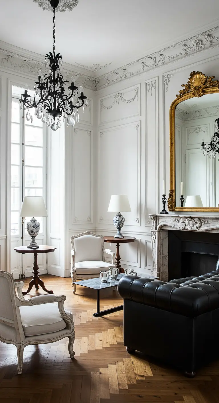 Klassiek Franse woonkamer met witte sierlijke muren, zwarte kroonluchter en gouden spiegel.