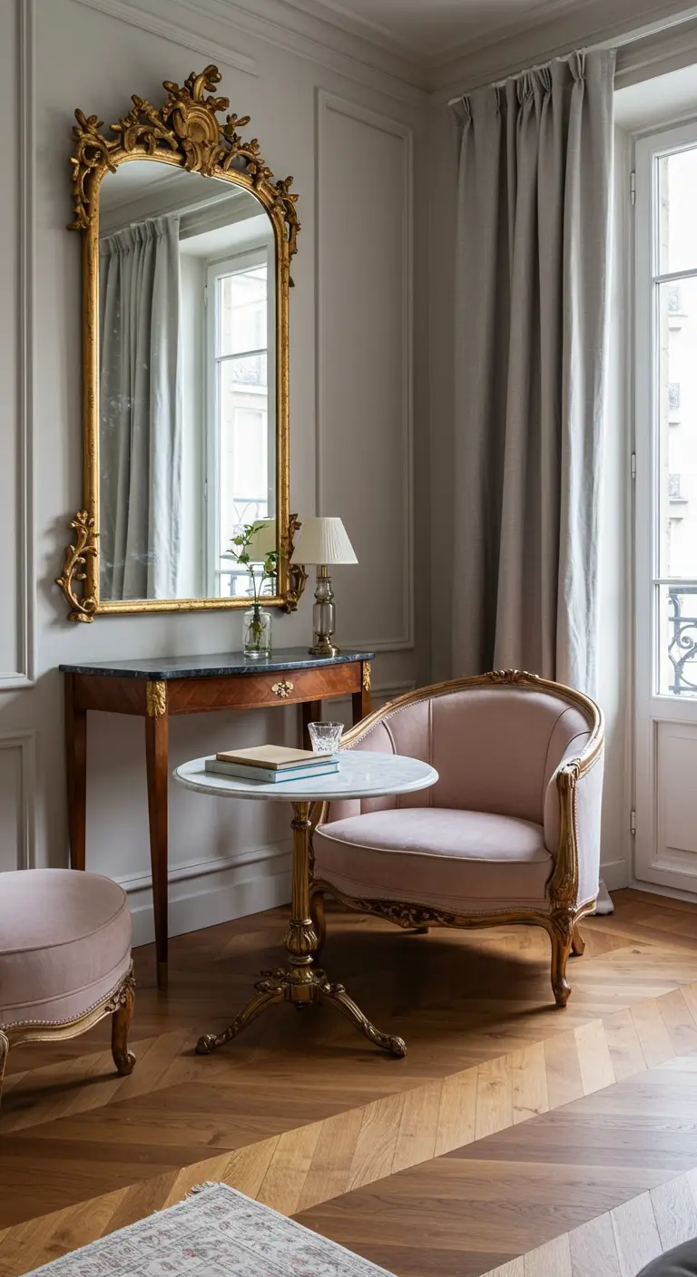 Klassiek interieur met een grote spiegel met gouden gebogen lijst en een roze fauteuil.