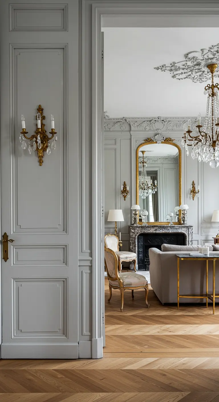 Hoge, lichtgrijze klassieke paneeldeur in een elegant Parijs-stijl interieur met ornamenten.