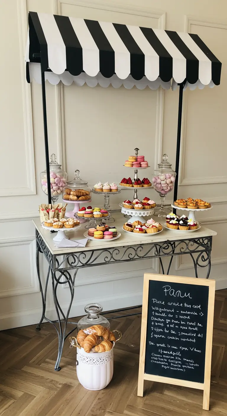 Parijse patisserie dessertkar met gestreepte luifel, macarons en croissants.