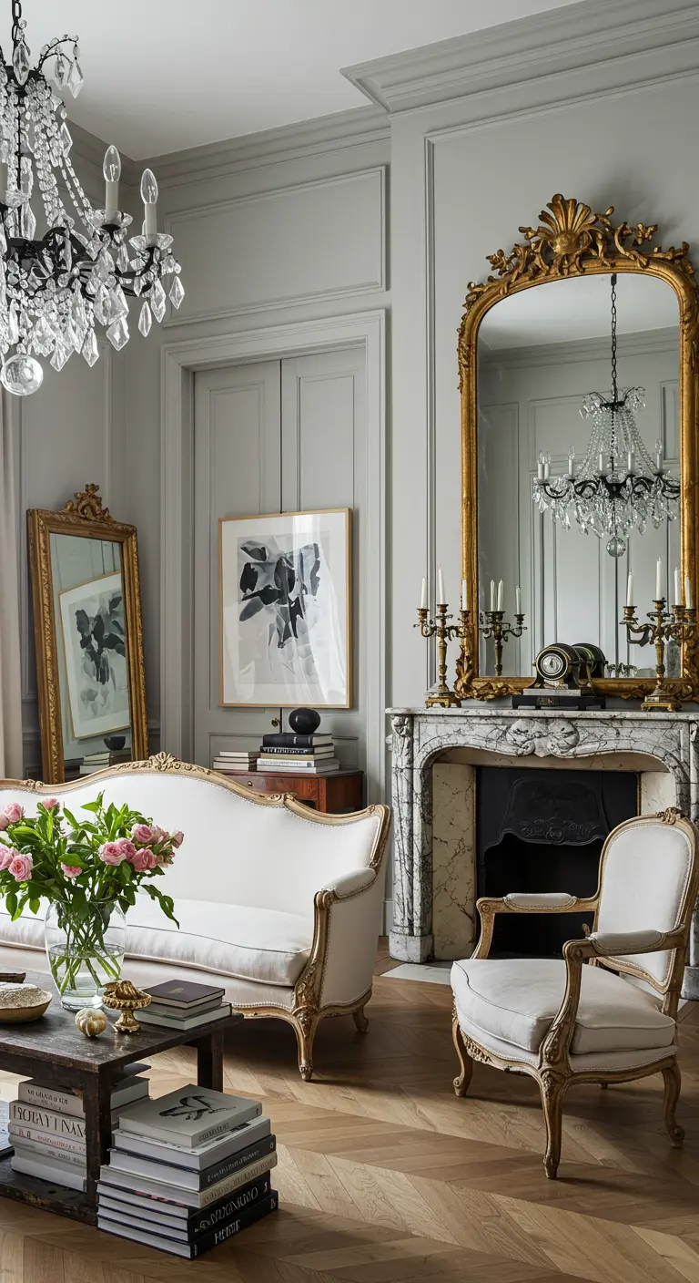 Klassieke Parijse woonkamer met hoge plafonds, ornamenten, kroonluchter en antieke spiegel.