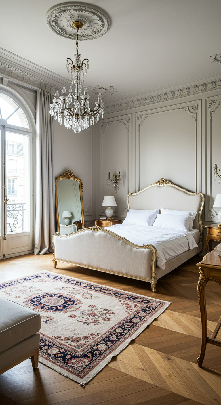 Elegante Parijse slaapkamer met sierlijsten, kroonluchter, klassiek bed en visgraatvloer.