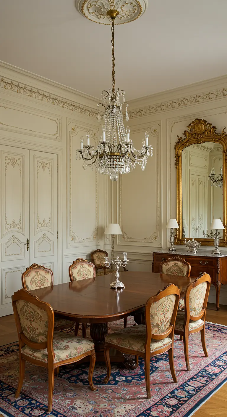 Klassieke eetkamer met crèmekleurige wandpanelen met sierlijsten en antieke meubels.