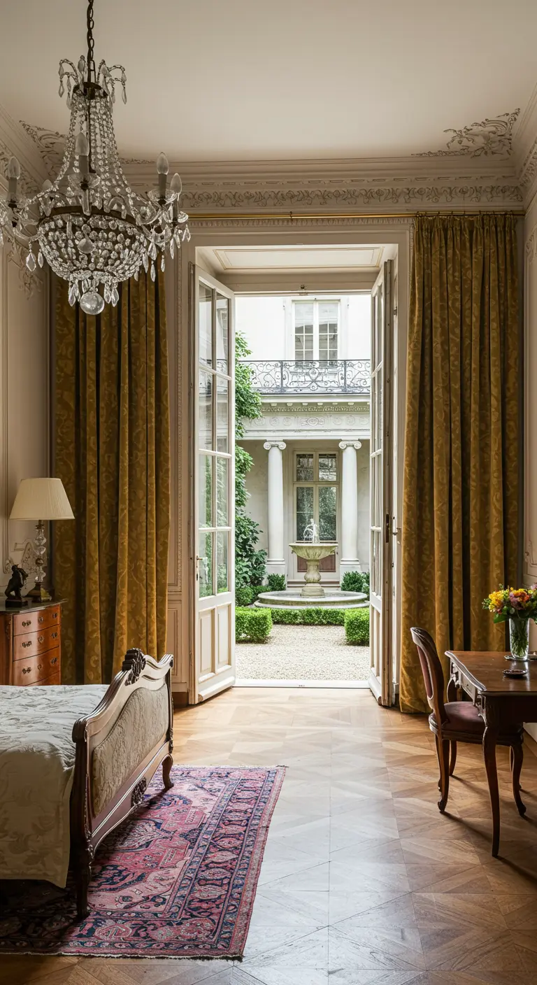 Klassieke Parijse slaapkamer met uitzicht op een elegante binnenplaats.