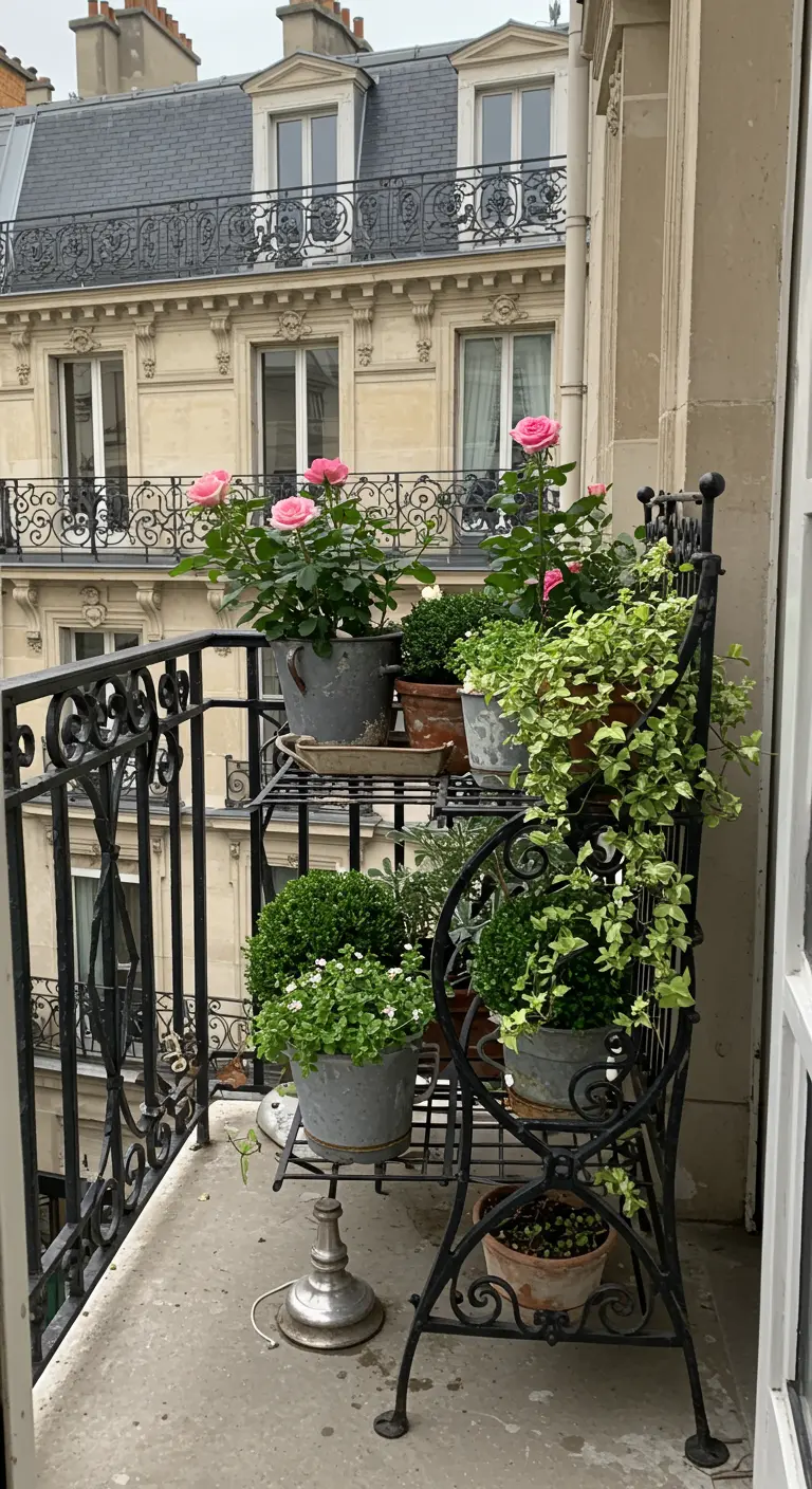 Smeedijzeren plantenstandaard op Parijs balkon met rozen en groene planten in vintage potten.