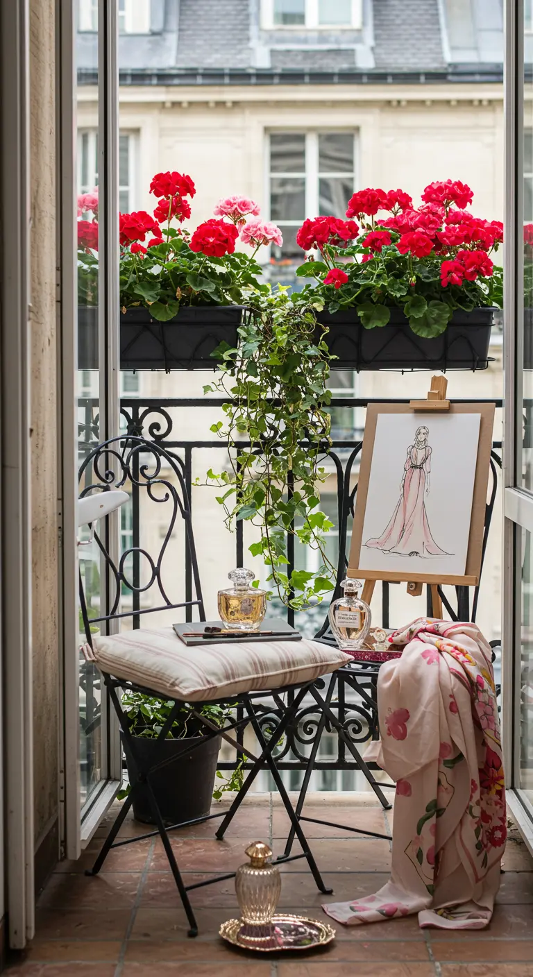 Parijs balkon met smeedijzeren stoel, ezel met modeschets, rode geraniums en parfumflesjes.