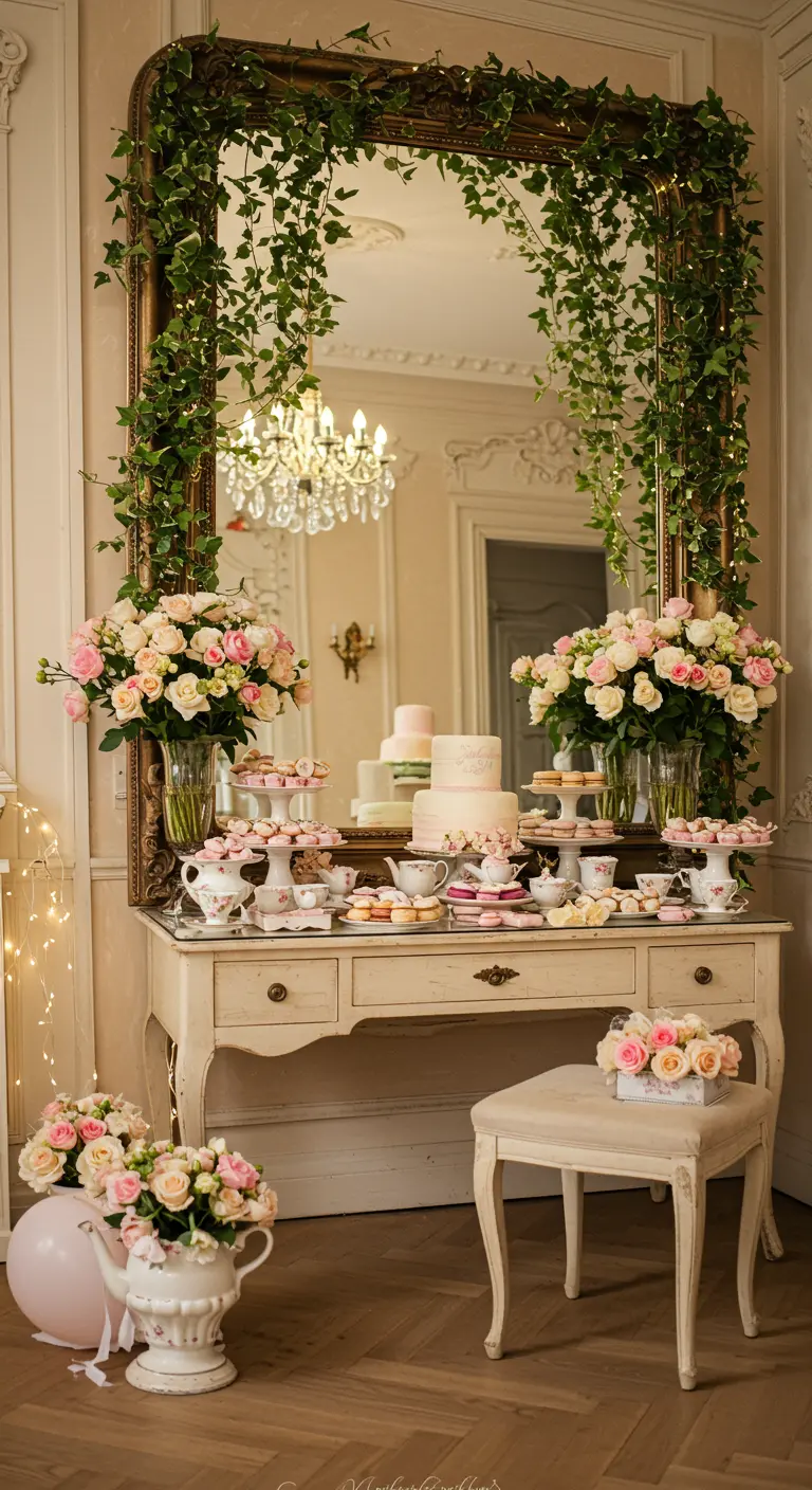 Elegante desserttafel voor spiegel met klimop, rozen en klassiek servies.