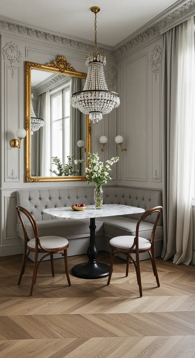 Elegante Parijse eethoek met grijze gecapitonneerde bank, marmeren tafel en kroonluchter.