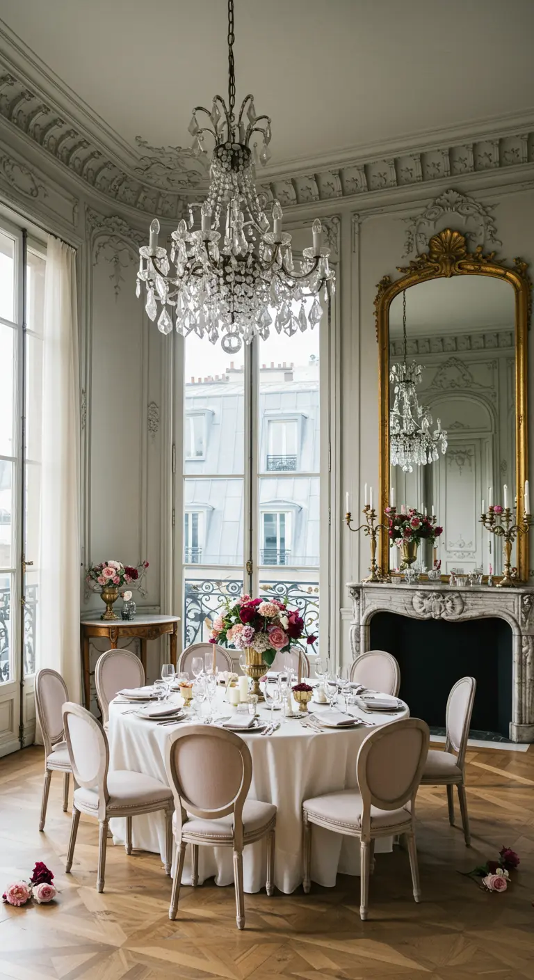 Elegante Parijse eetkamer met ronde tafel, kroonluchter, gouden spiegel en roze bloemen