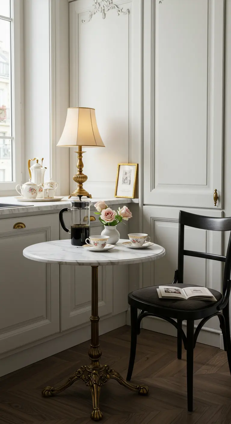 Elegante koffiehoek met marmeren bistrotafel, klassieke stoel en tafellamp.