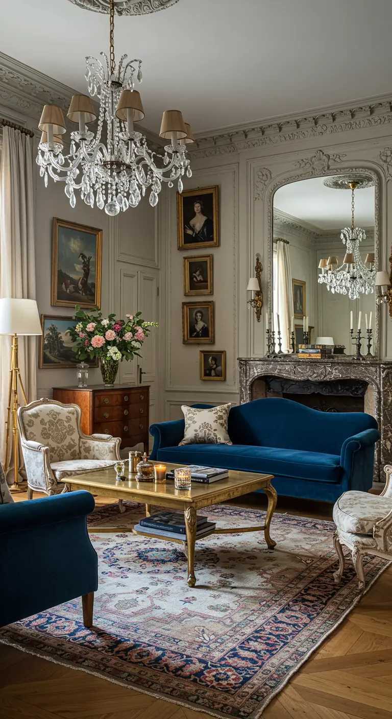Elegante Parijse woonkamer met kroonluchter, blauwe fluwelen bank en sierspiegel.
