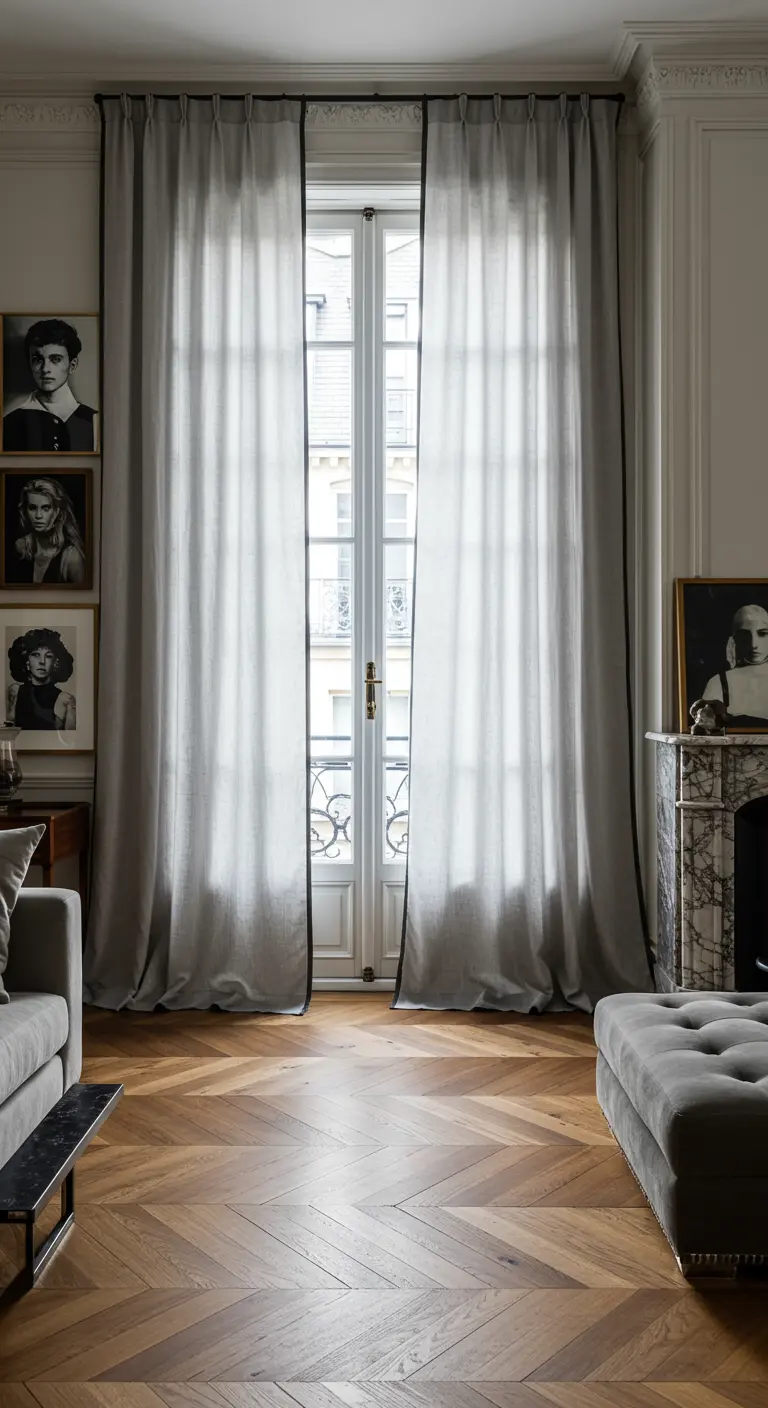 Lichtgrijze linnen gordijnen met zwarte bies in een elegant Parijs appartement.