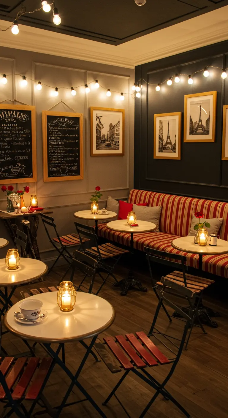 Woonkamerhoek ingericht als Parijs café met bistrotafeltjes en lichtslingers.