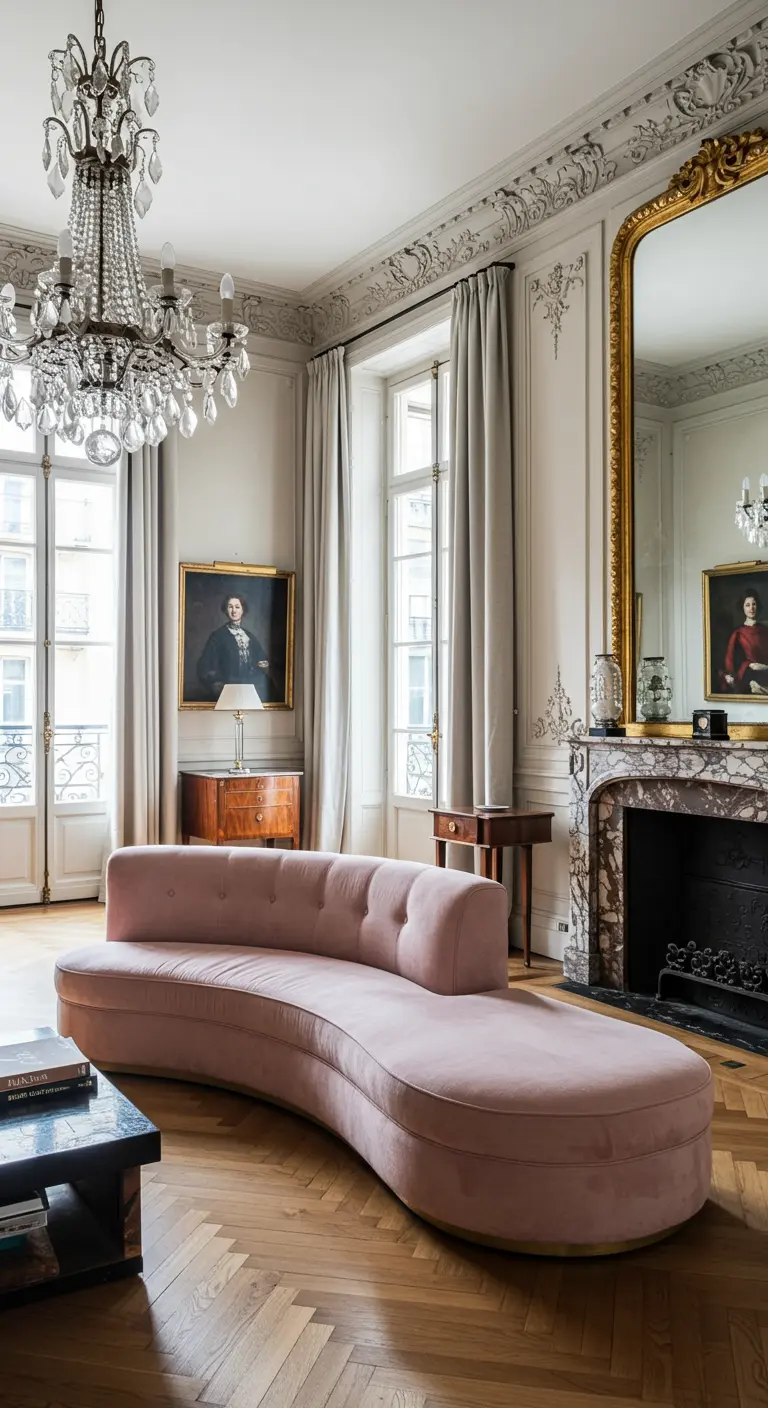 Zachtroze gebogen fluwelen sofa in klassiek Parijs appartement, kroonluchter, visgraatvloer.