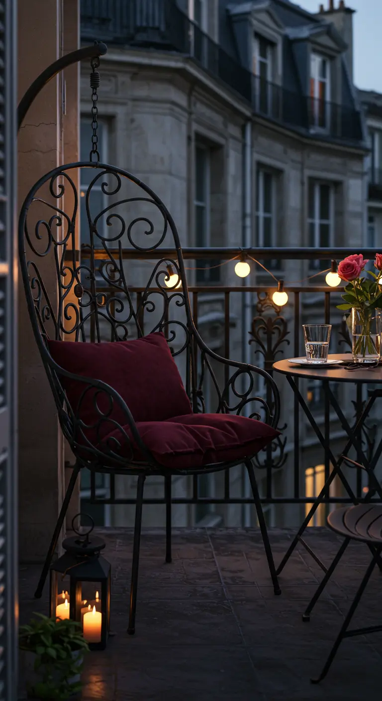 Zwart metalen sierlijke hangstoel op stadsbalkon met lichtsnoer.