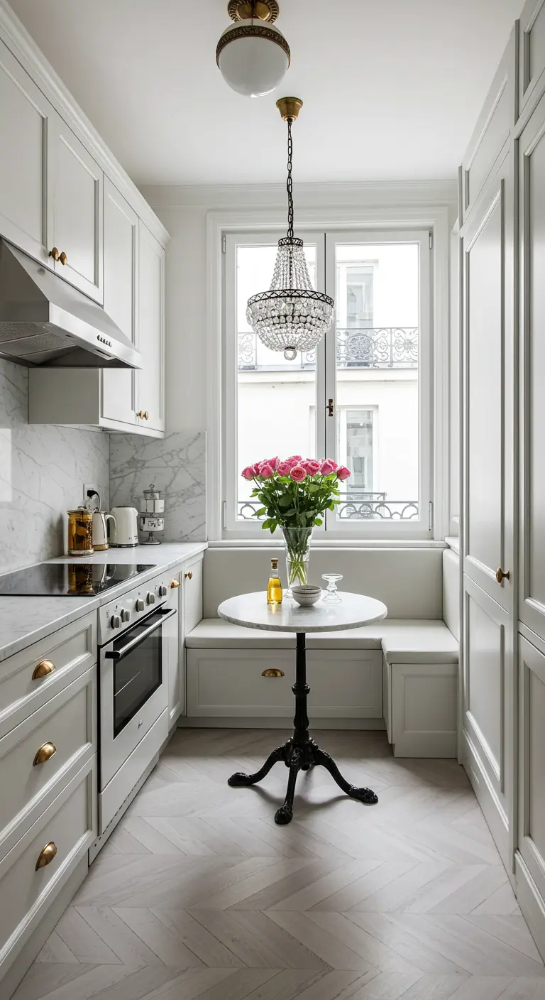 Kleine, chique witte keuken met marmeren achterwand en compacte eethoek.