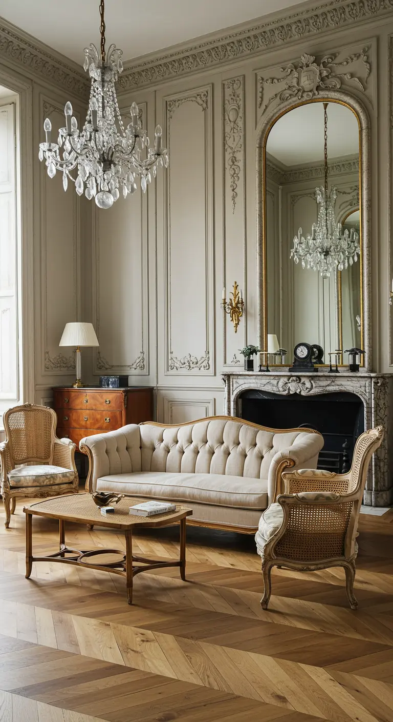 Elegante Parijse woonkamer met klassieke rotan fauteuils, visgraatvloer en kroonluchter.