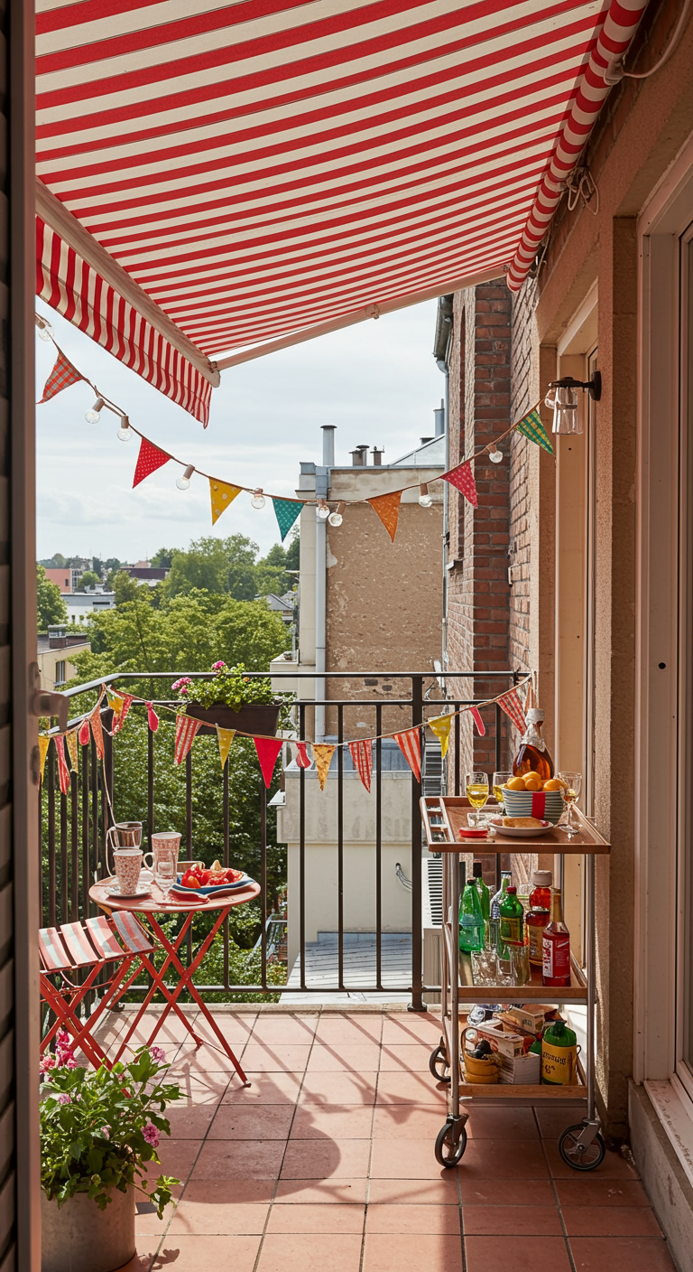 Balkon met rood-wit gestreept zonnescherm, rode bistroset en kleurrijke vlaggetjes.