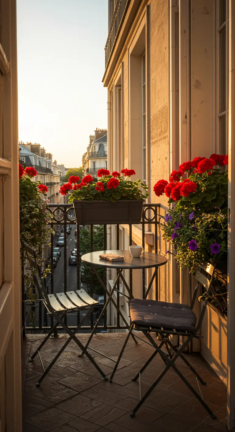 Parijs balkon met rode geraniums in bakken, bistroset en uitzicht op straat.
