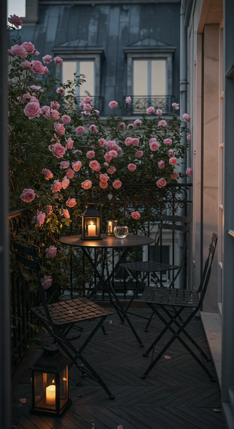 Balkon met roze rozen, donker bistrosetje en kaarslantaarns in de schemering.