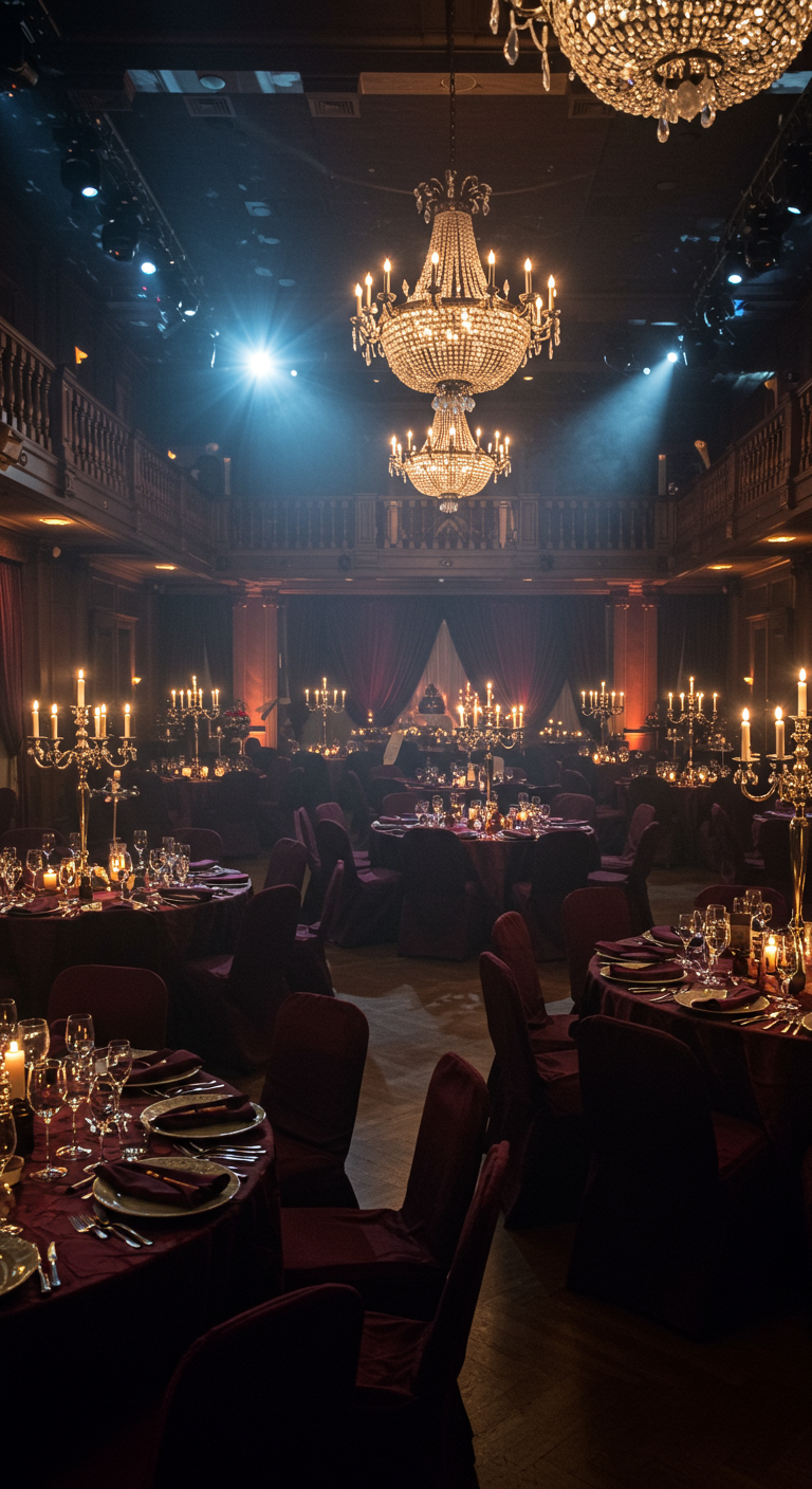 Theatrale feestzaal in Moulin Rouge stijl met rood fluweel en kroonluchters.