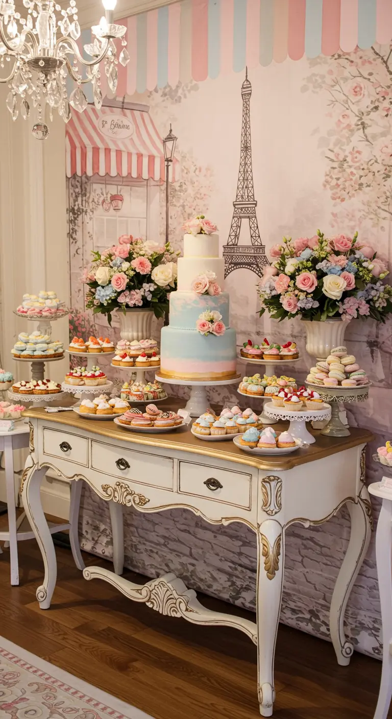 Parijse taarttafel met pastelkleurige taart, macarons, bloemen en Eiffeltoren backdrop.