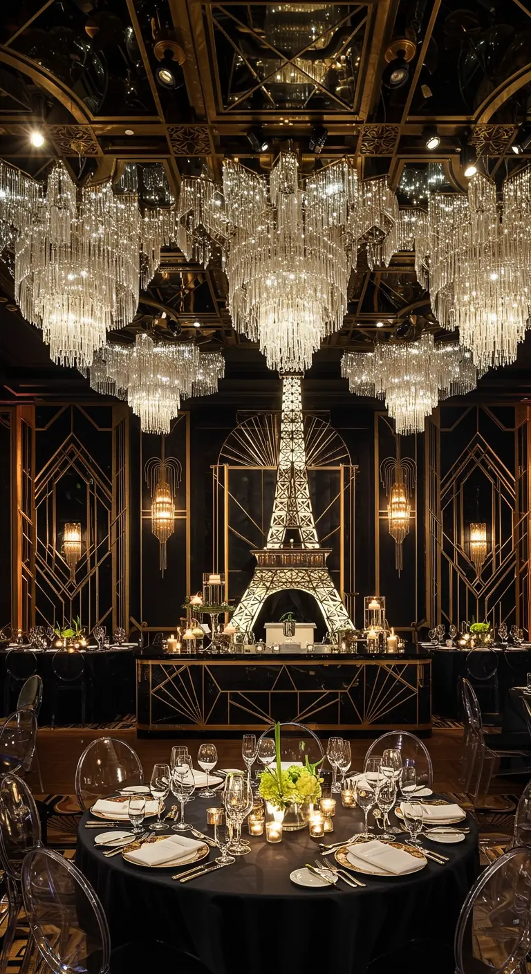 Art Deco feestzaal met Eiffeltoren, kristallen kroonluchters en goud-zwarte dinertafels.