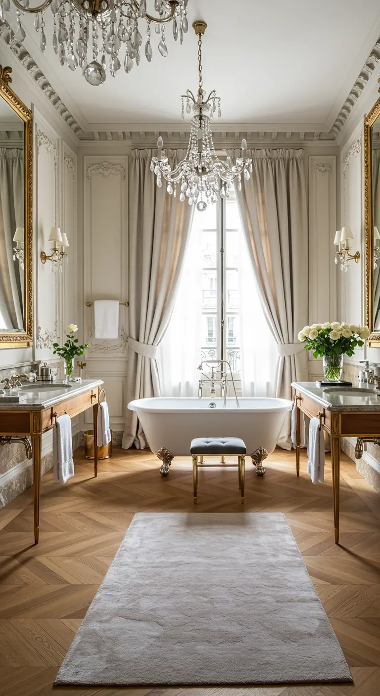 Elegante badkamer met kristallen kroonluchters, vrijstaand bad en houten visgraatvloer.