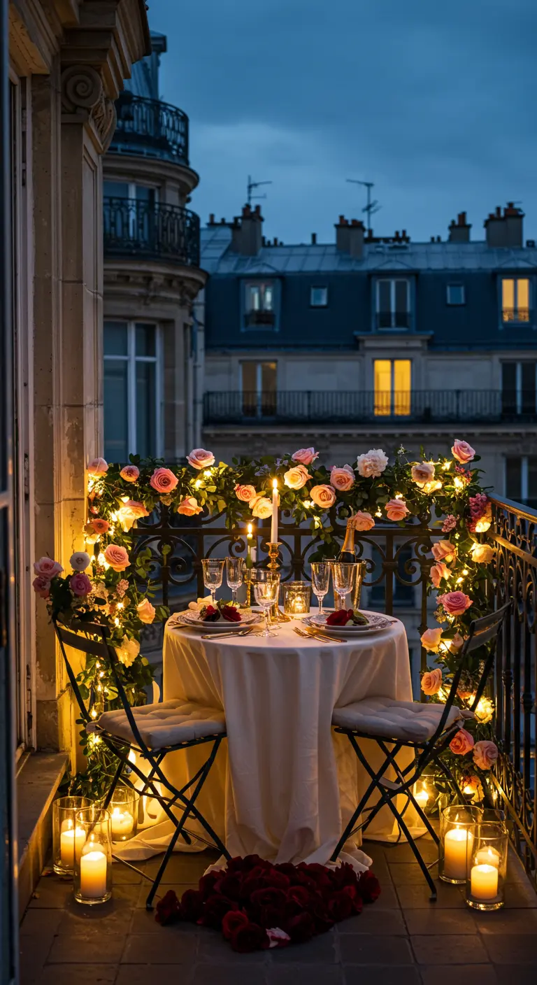 Klein balkon gedecoreerd met rozen, lichtjes en veel kaarsen voor romantisch diner.