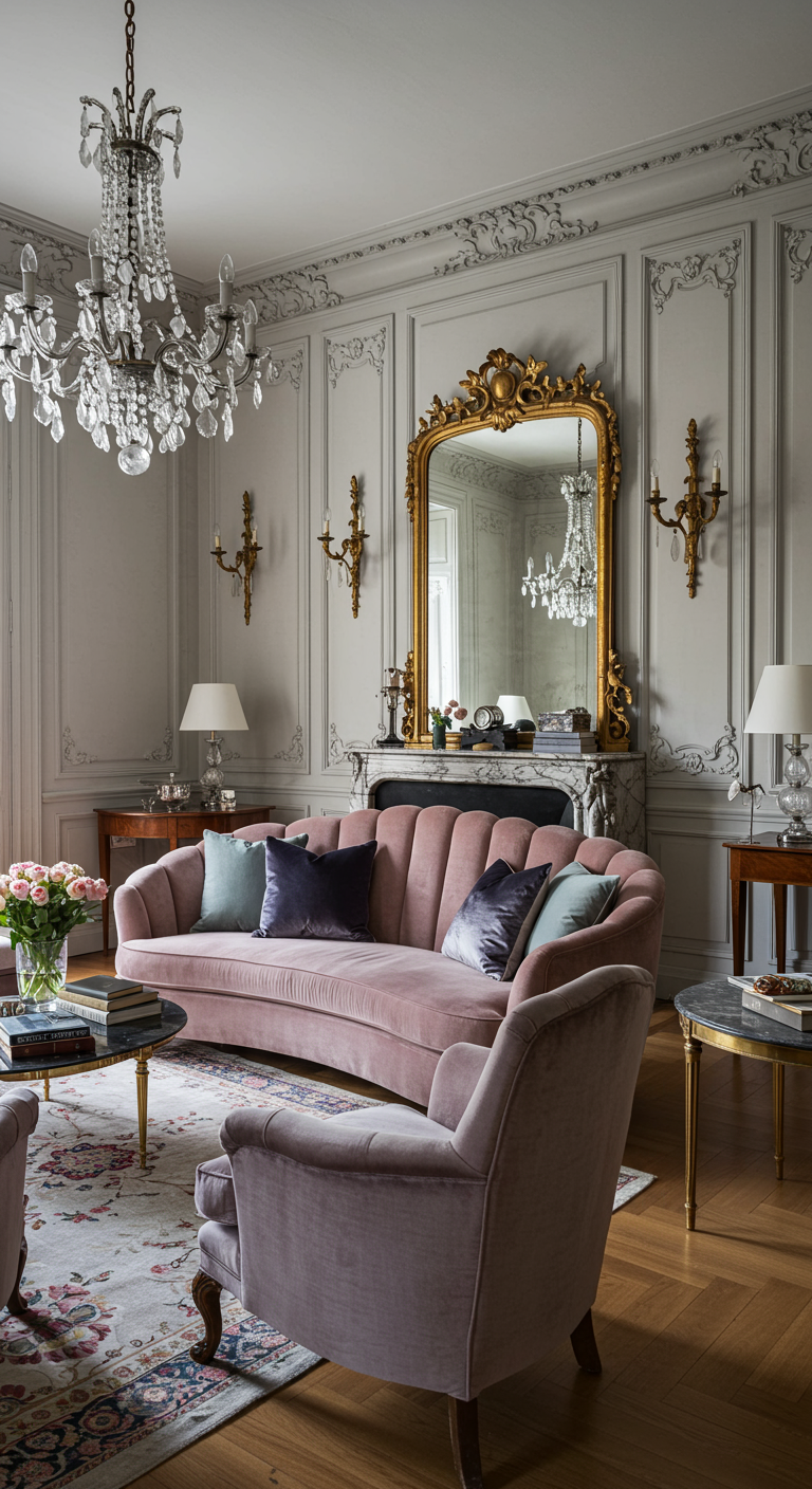 Parijse stijl woonkamer met roze fluwelen gebogen bank en kristallen kroonluchter.
