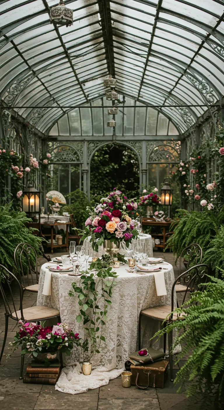 Romantische ronde tafel in kas met kanten kleed en weelderige bloemen.