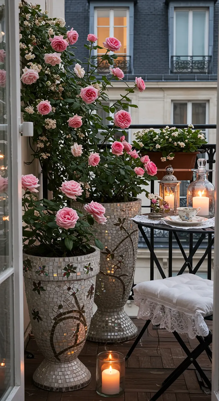 Witte mozaïekpotten met roze rozen en kaarslicht op een romantisch balkon.