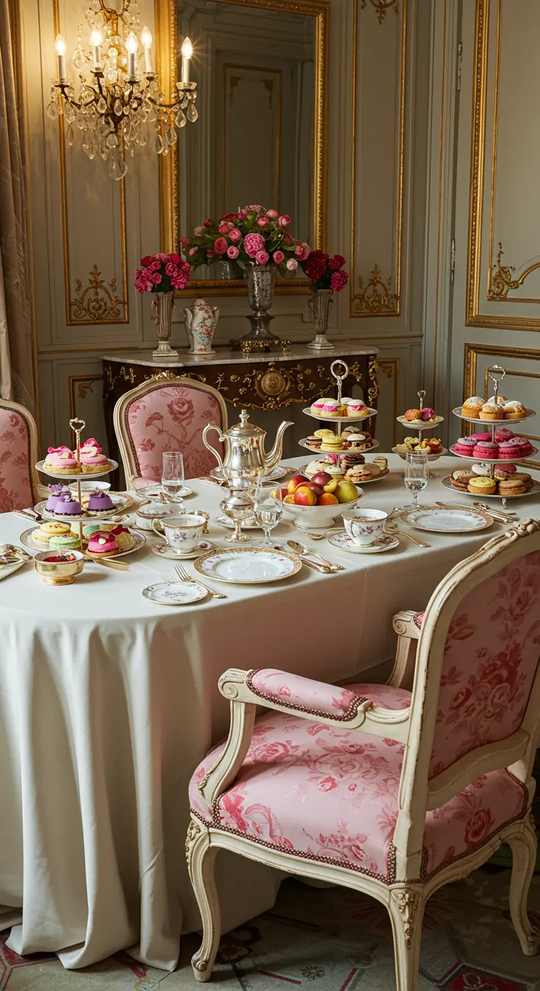 Elegante high tea tafel met roze gedessineerde stoelen, roze bloemen en veel zoetigheden.
