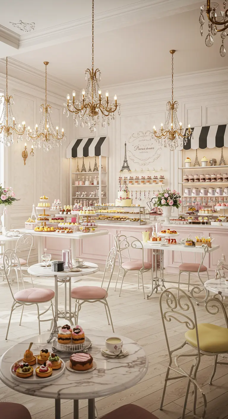 Elegante Parijse patisserie met pastelkleuren en luxe gebakjes.