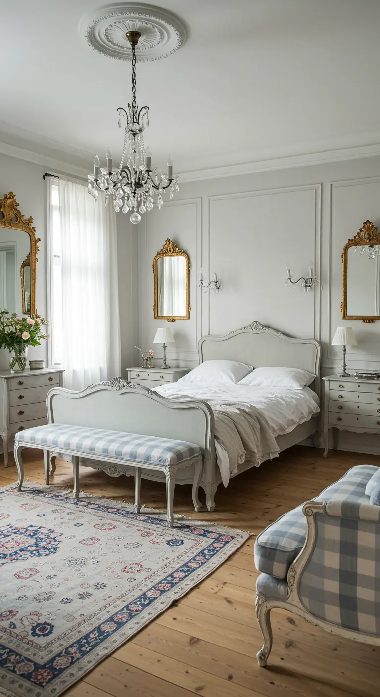 Franse landelijke slaapkamer met sierlijk grijs bed, kroonluchter en vintage spiegels.